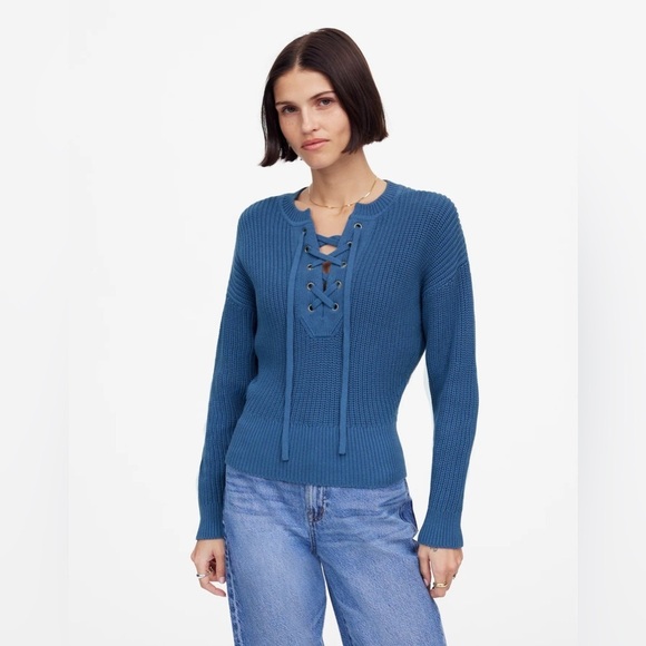NWT Madewell Ribbed Lace-Up Chunky Sweater in Delphinium Blue, Size Large - Picture 1 of 13